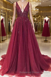 A-Line/Princess V-neck Sweep Train Tulle Evening Dresses With Ruffles